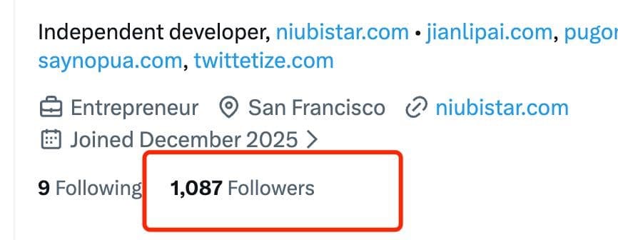 Founder follower growth screenshot (1,087 Followers)
